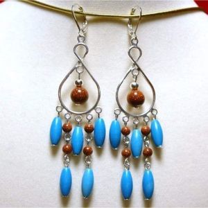 Handmade Silver Sky Blue Chalk Turquoise & Goldstone Chandelier Dangle Earrings